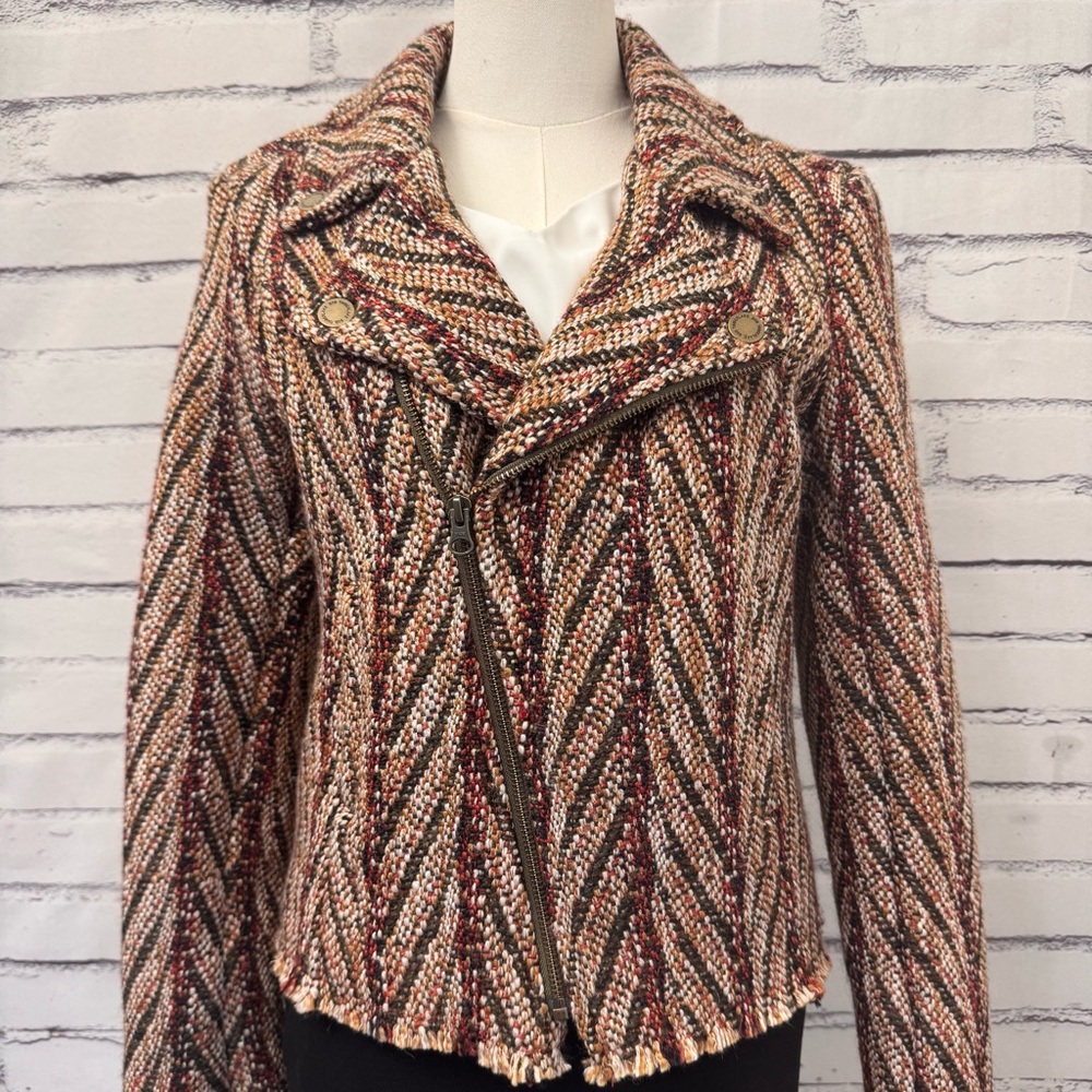 Bob Timberlake Women's Tweed Jacket Motorcycle Moto Fringe Jacquard Zip Small